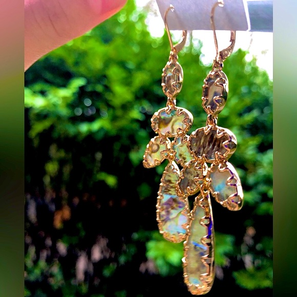 Gold and abalone dangle chandelier statement earrings - Picture 3 of 7